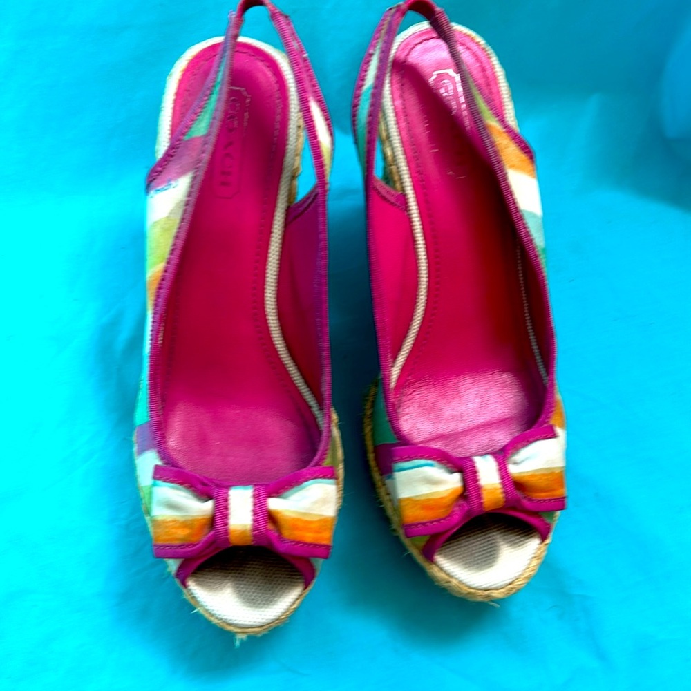 Coach size8? platform wedge, multi color shoes. Shoes have jute bottoms & a bow